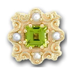 N632 14K SQPERIDOT & PEARL SLIDE WITH FLEUR DE LIS DETAIL 